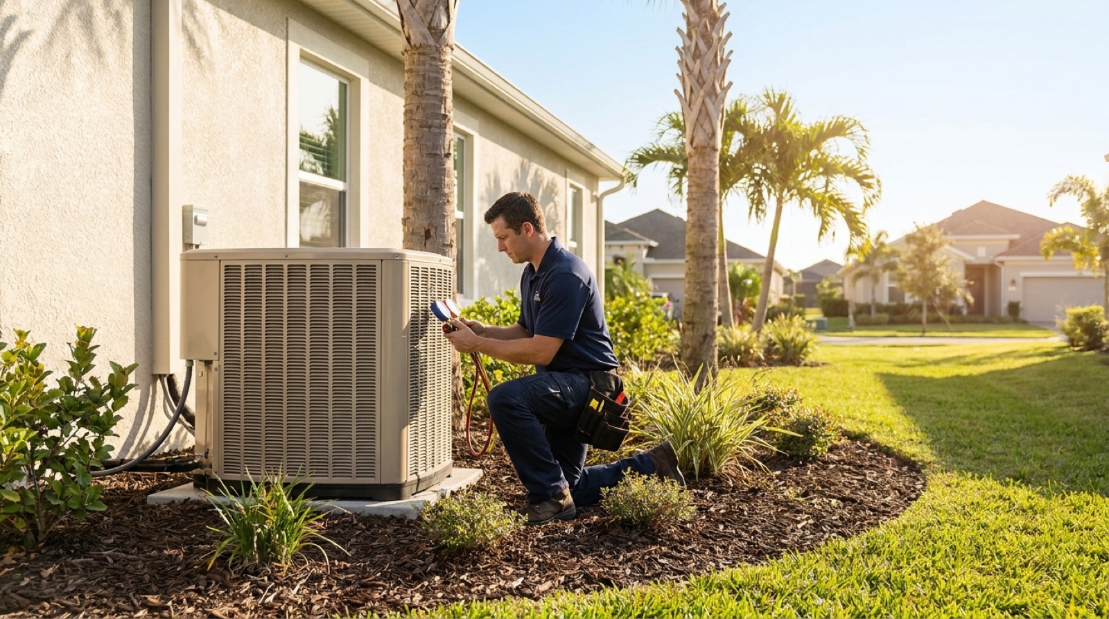 HVAC technician servicing an outdoor air conditioning unit at a Florida home
